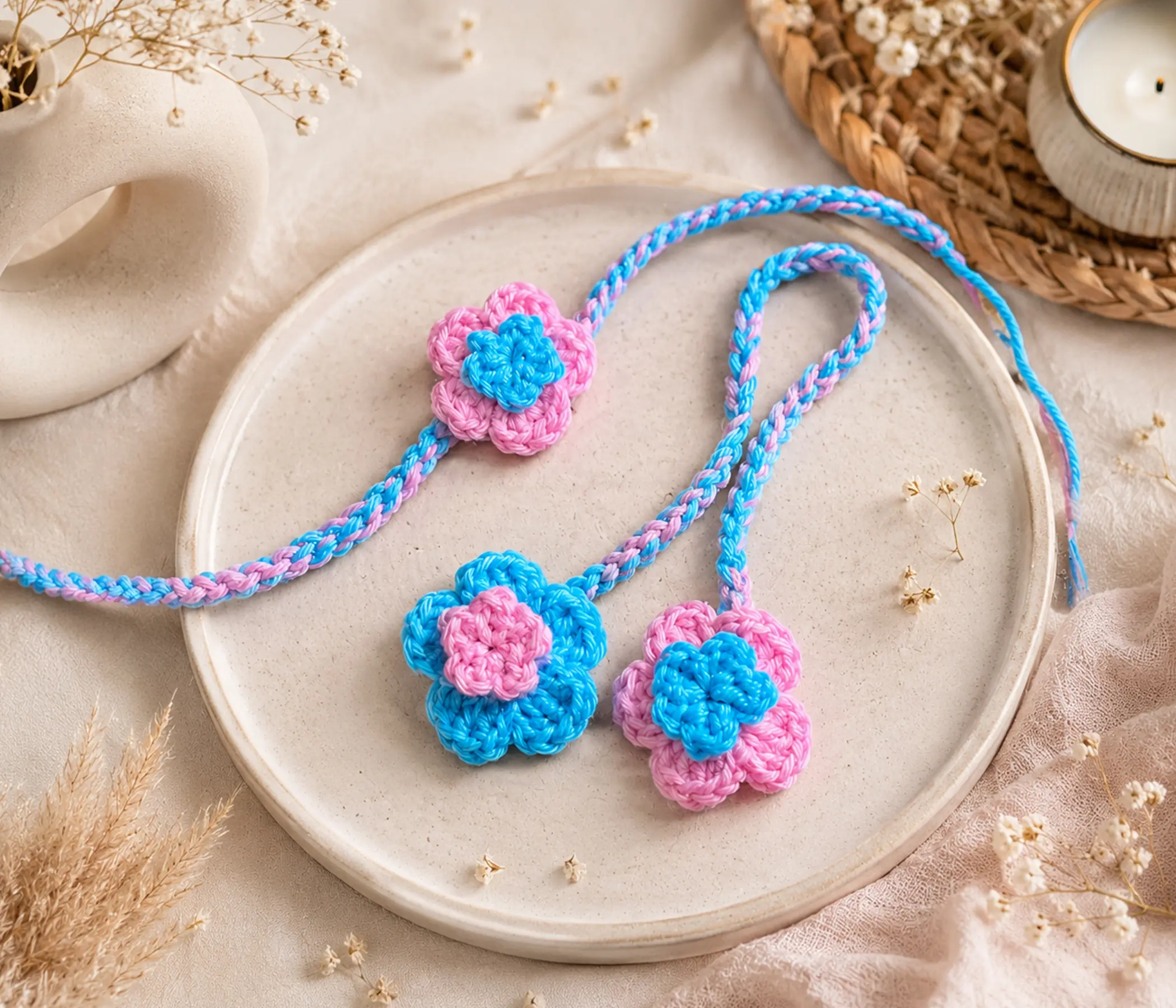 Pastel Blooms: Hand-Crocheted Bhaiya-Bhabhi Rakhi Set